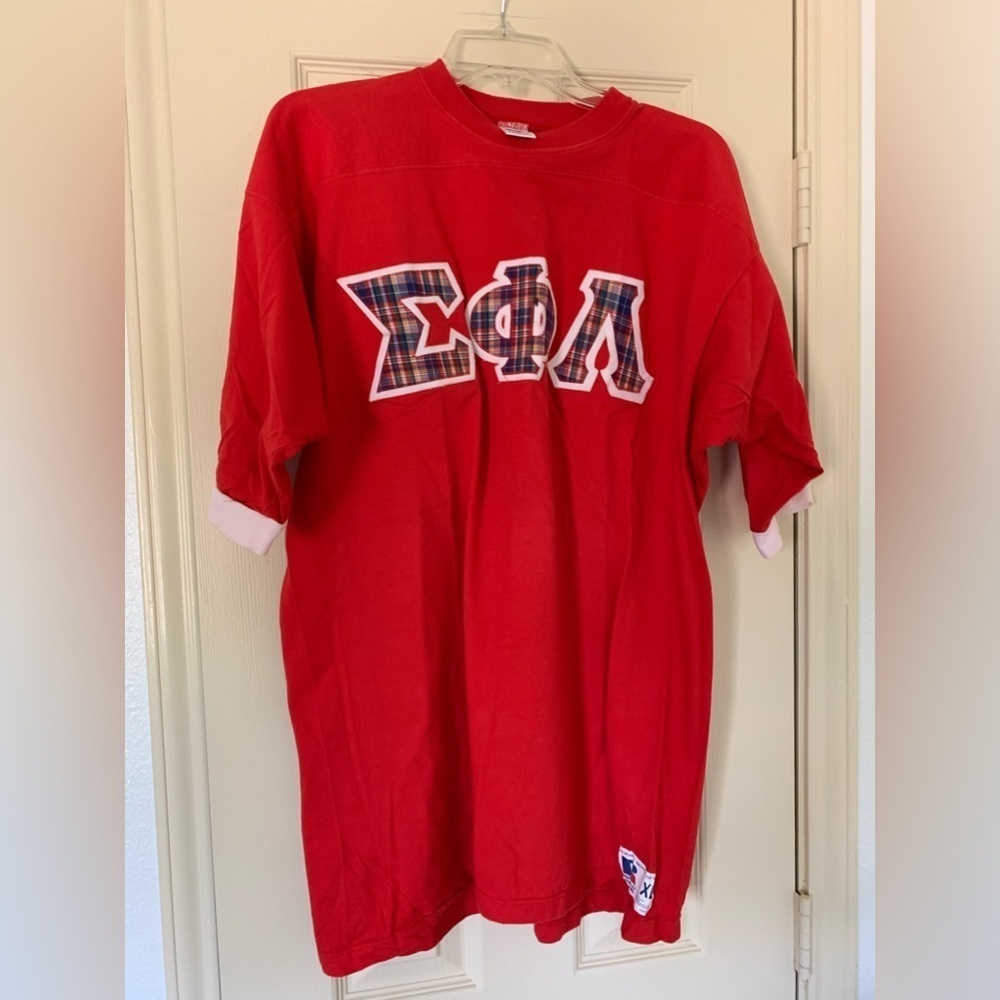 MENS VINTAGE 90S CHERRY RED RUSSELL SHIRT GREEK SIGMA PHI LAMBDA COLLEGE